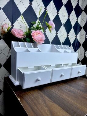 White Wooden Desktop Organizer w Drawers Office Desk or MakeUp Compartments 15"